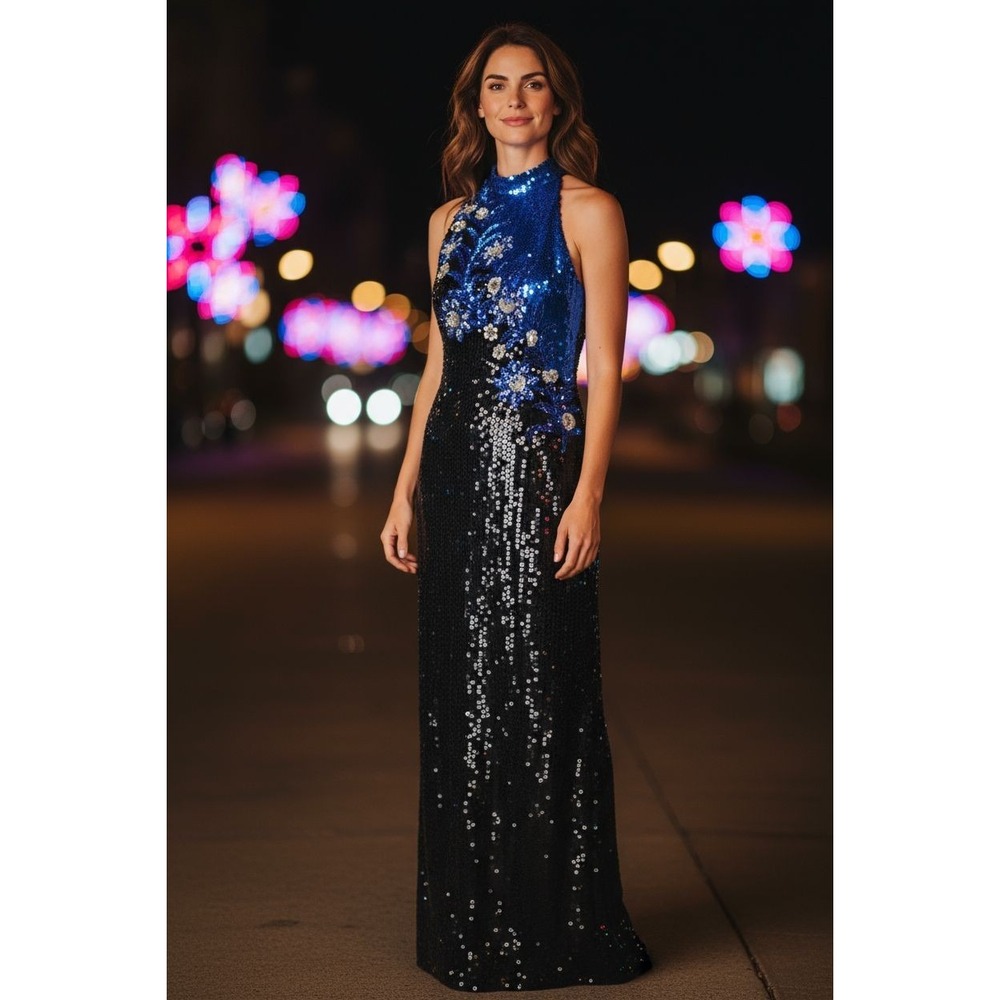 Vtg 80s‎ 90s Alyce Designs Beaded Sequin Halter Gown Dress Formal size 4 BodyCon